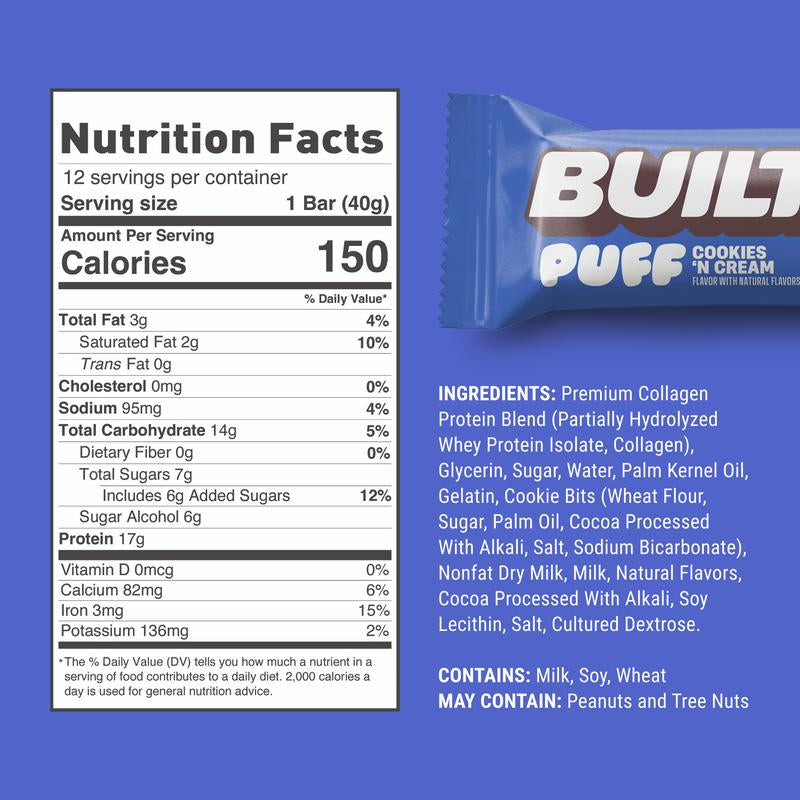 Built Bar, Puff Protein Bar, Cookies 'N Cream, Protein Packed Snack