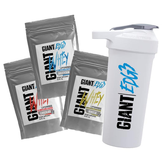 Giant Edg3 Protein Starter Pack - Shaker with Single Serving Protein Packs - 3 Servings of Whey Protein Dietary Supplement Edible