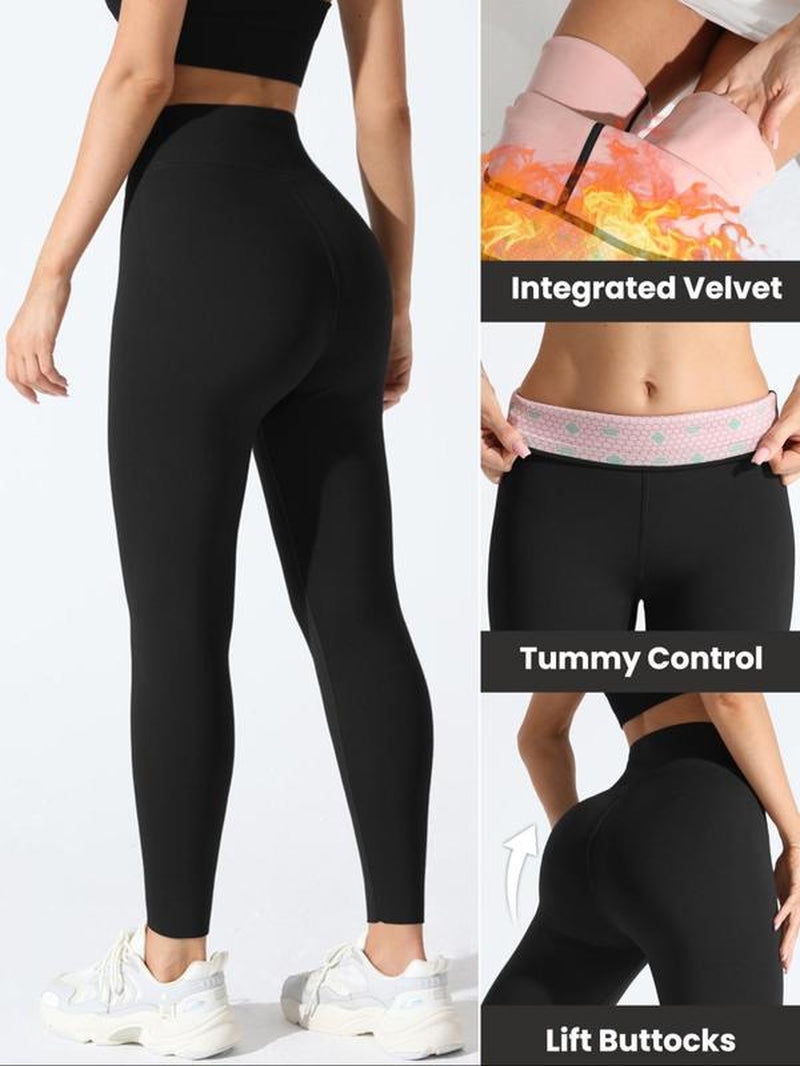 Women'S Solid High Waist Thermal Lined Sports Leggings, Casual Comfy Breathable Skinny Pants for Yoga Gym Workout Running, Ladies Curvy Sportswear for Fall & Winter