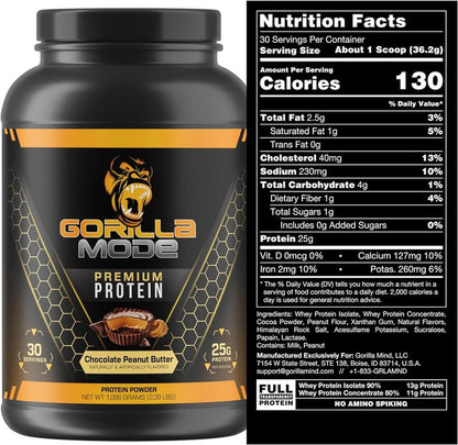 Gorilla Mode Premium Whey Protein - Whey Protein Isolate & Concentrate - Protein Powder for Post Workout Recovery & Meal Replacement (30 Servings)