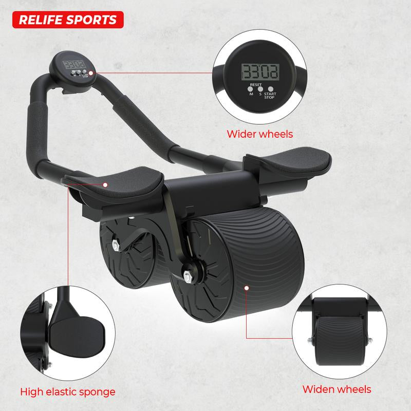 RELIFESPORTS Auto-Rebound Ab Roller - Core Trainer with Timer & Elbow Support - Home Workout for Men & Women