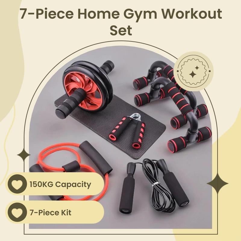 Home Workout Equipment, 7 Counts Abdominal Roller Wheel, H Push up Bars, Skipping Rope, Hand Grip Trainer, Resistance Band & Mat, Fitness Equipment for Ab Training, Adjustable Dumbbells, Calisthenics Equipment, Stomach Workout Equipment